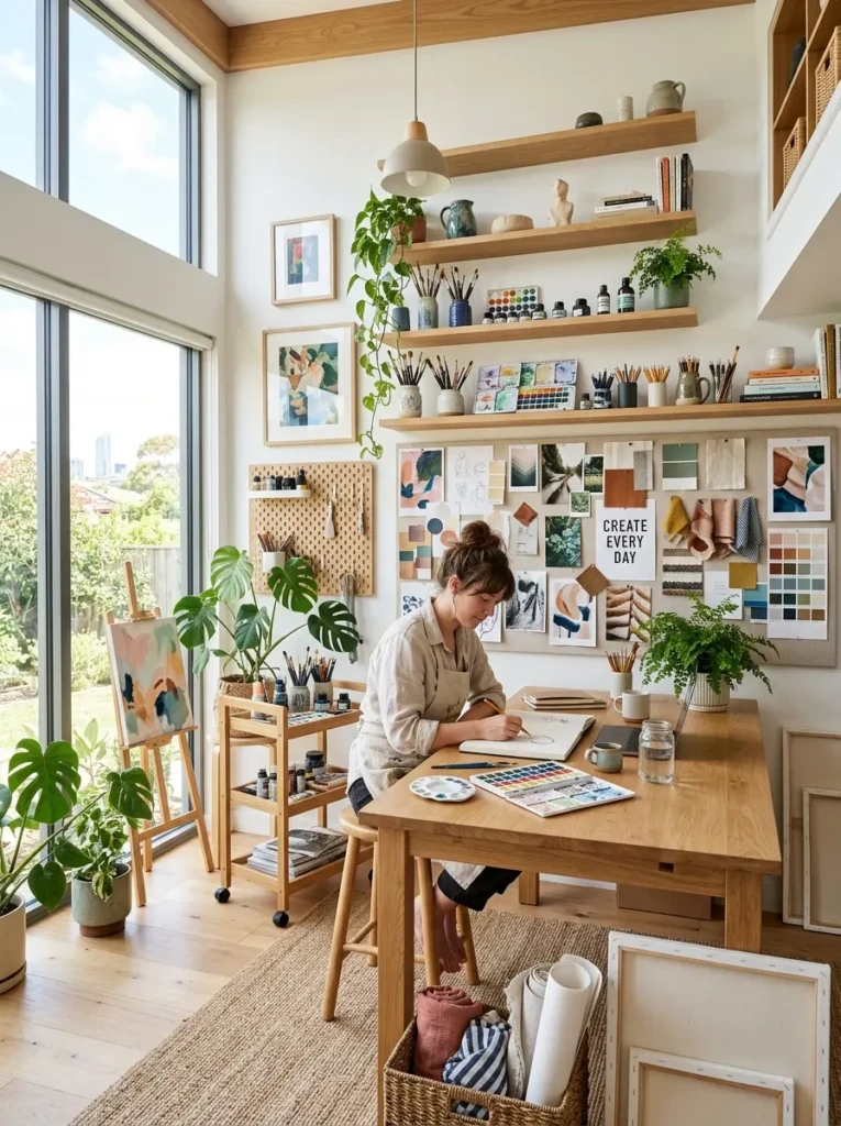 Bright creative workspace with art supplies, shelving, and inspiring decor in a converted dining room.