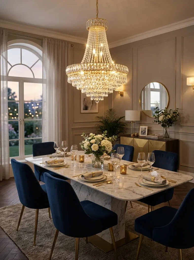 Elegant crystal chandelier above marble dining table with warm luxurious ambiance
