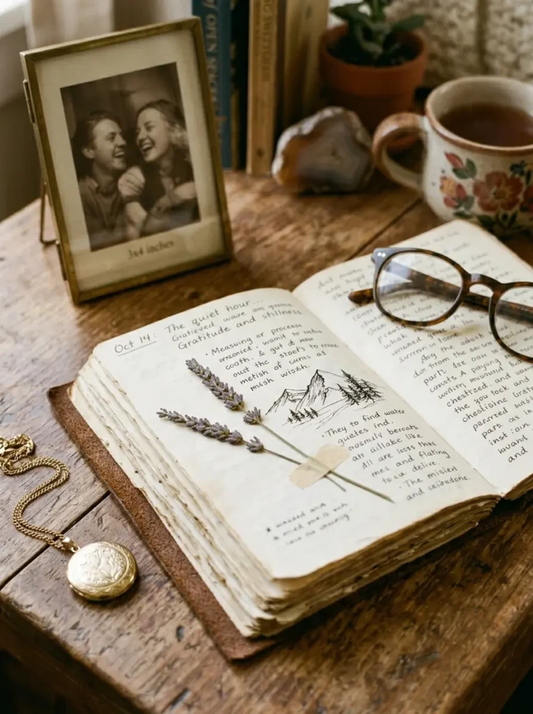 Close-up of cozy personal objects arranged with warm lighting