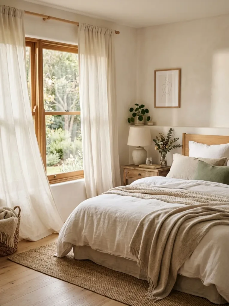 Linen curtains flowing beside a cozy bed in a serene naturally lit bedroom.