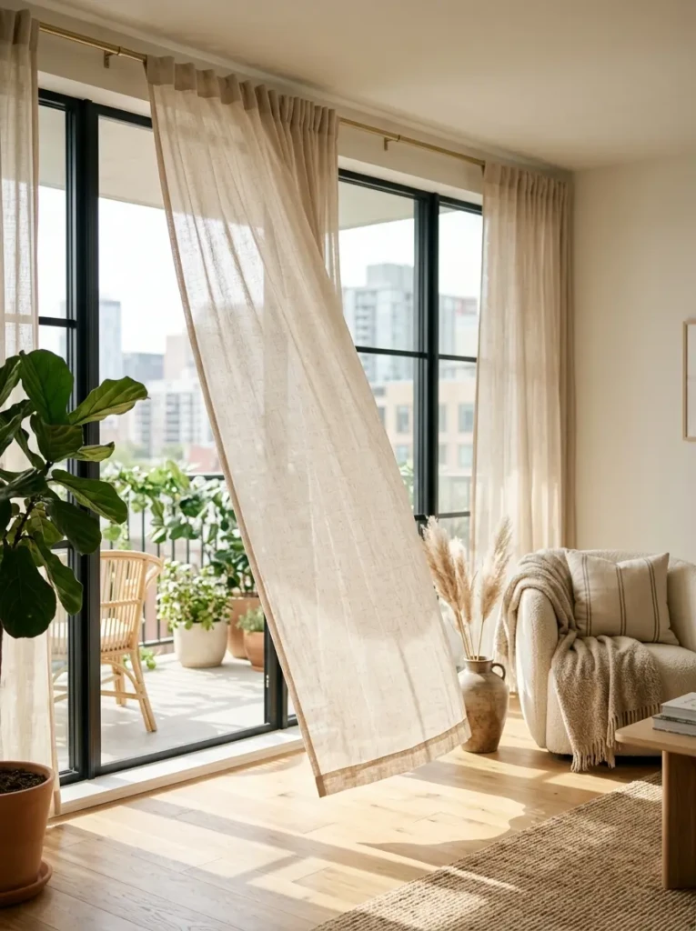 Soft beige sheer curtains flowing beside bright apartment windows