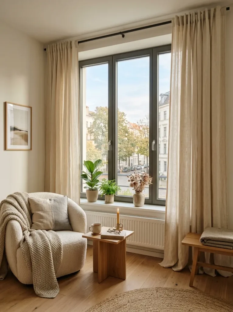 Warm ivory curtains framing apartment windows with soft textures and Scandinavian-inspired decor.