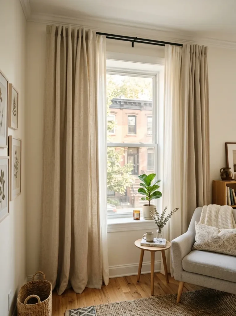 Warm neutral curtains hanging near ceiling in an elegant small apartment.