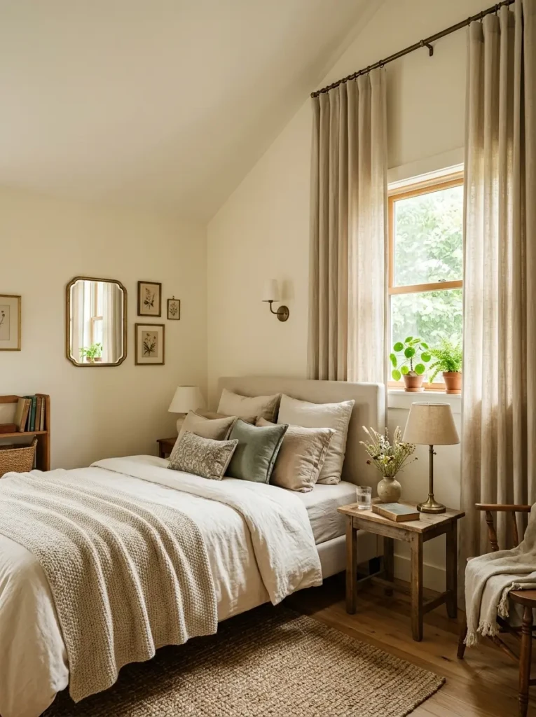 Tall oatmeal-colored curtains creating airy elegant bedroom atmosphere