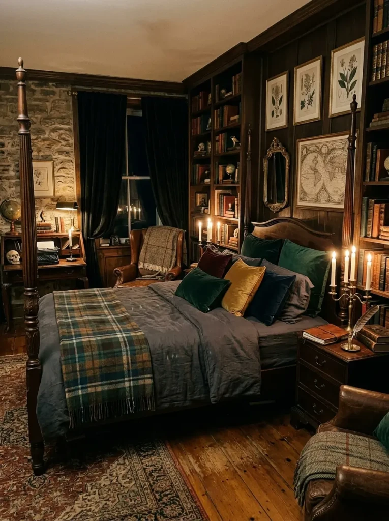 Moody dark academia bedroom with charcoal bedding, plaid throw, velvet pillows, and candlelit atmosphere