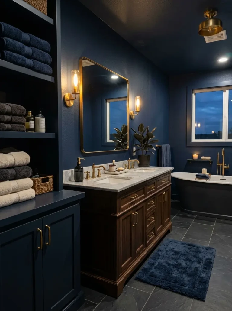 Dark blue bathroom with navy walls, warm lighting, cozy textures, elegant vanity, brass accents, and fluffy towels.