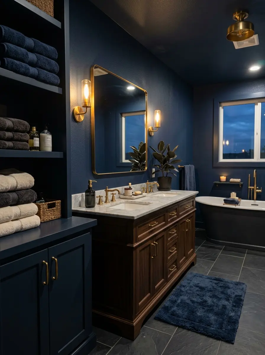 Dark blue bathroom with navy walls, warm lighting, cozy textures, elegant vanity, brass accents, and fluffy towels.