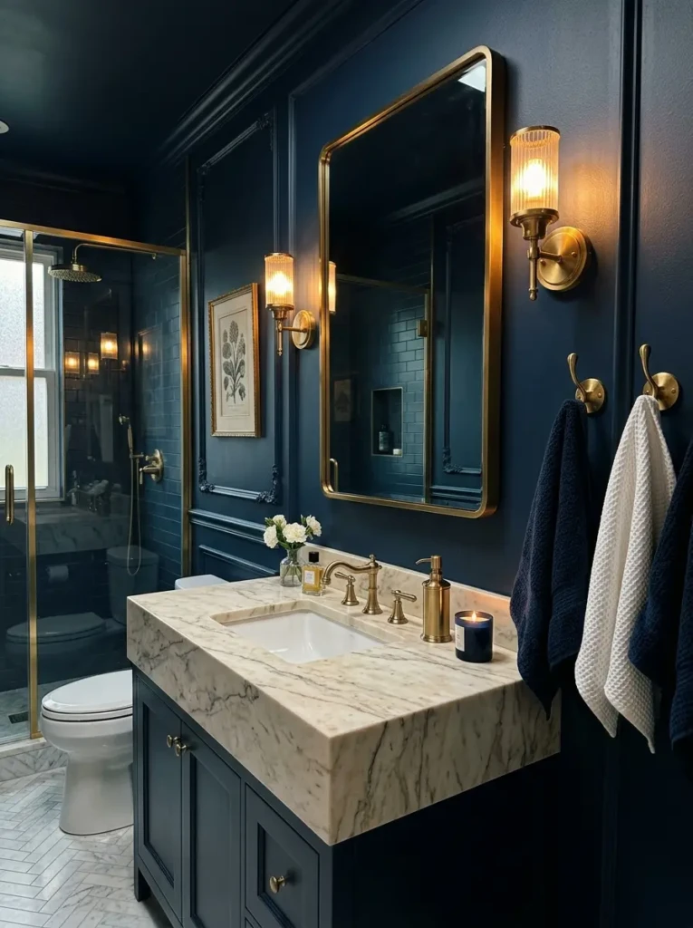 Navy bathroom with brass fixtures, brass mirror frame, marble vanity, warm sconces, and elegant styling.