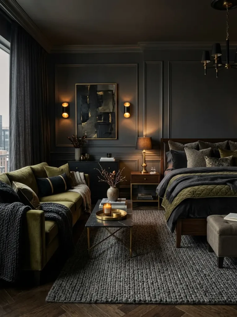 Dark elegant bedroom with a deep-toned sofa, layered bedding, plush rug, warm lamps, and heavy curtains.