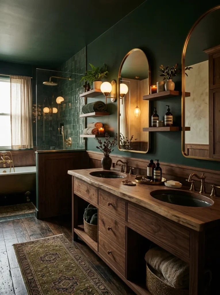 Elegant moody bathroom with green walls, wood accents, and cozy warm lighting