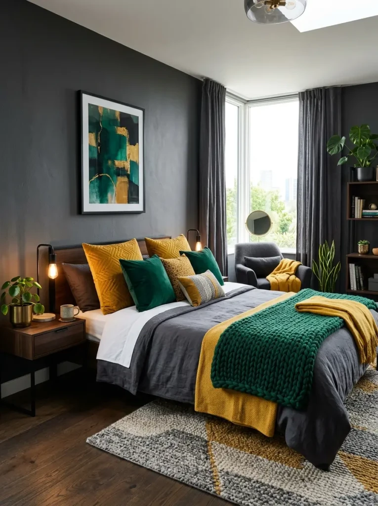 A stylish bedroom with dark grey walls and colorful accents like mustard cushions and green throws adding contrast and personality.