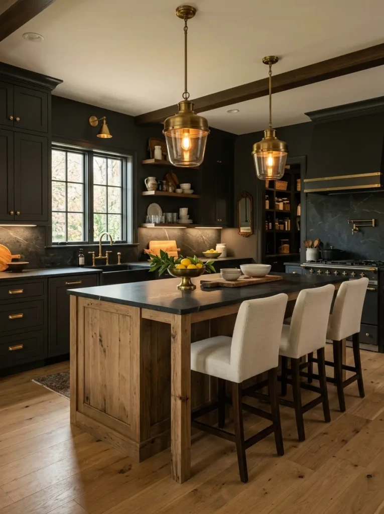 Dark cabinetry enhanced by brass details, natural wood textures, and cream seating.