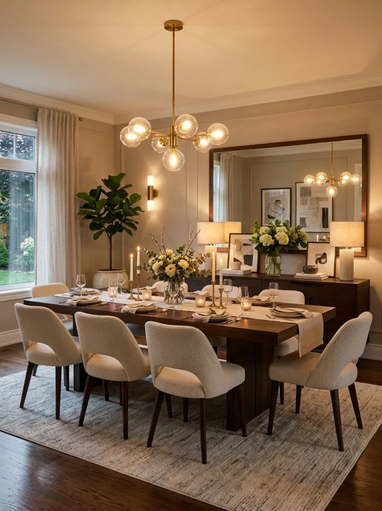 Dark wood dining room with cream chairs, mirrors, soft lighting, and elegant neutral styling.