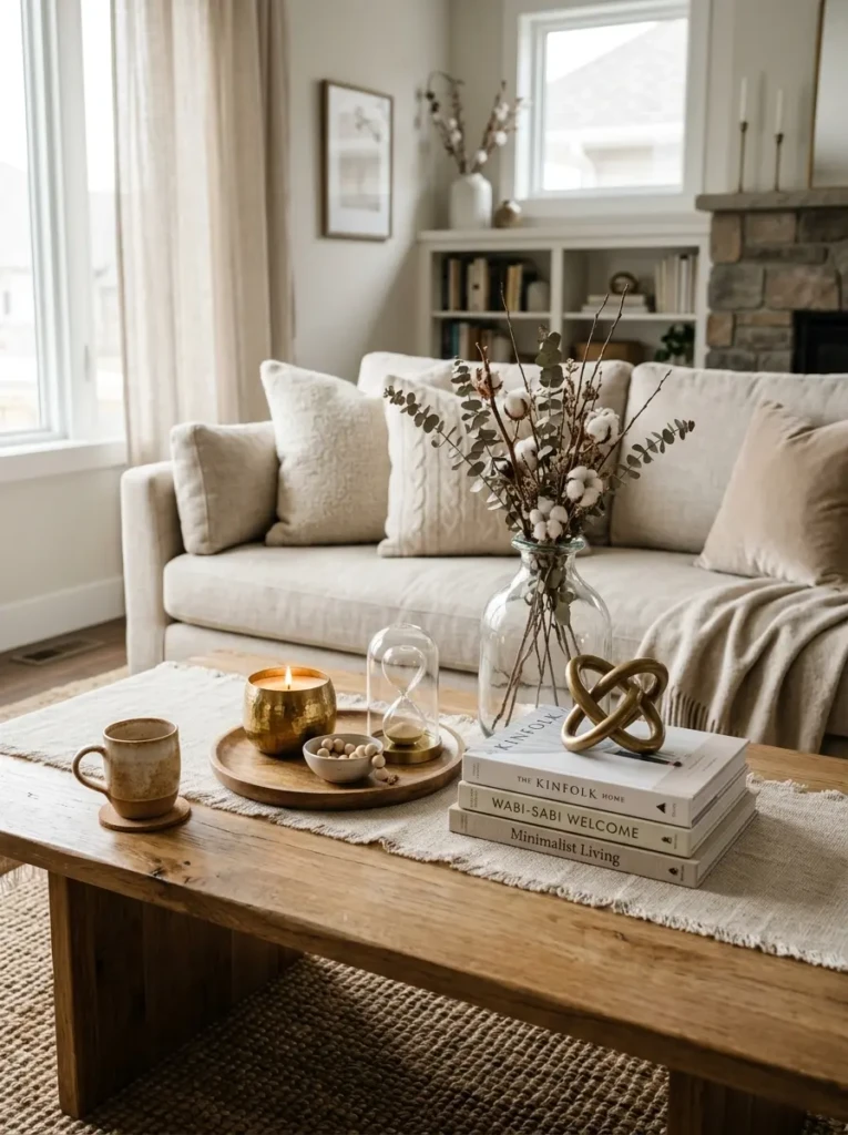 Brass, wood, glass, and linen decor elements creating layered coffee table styling