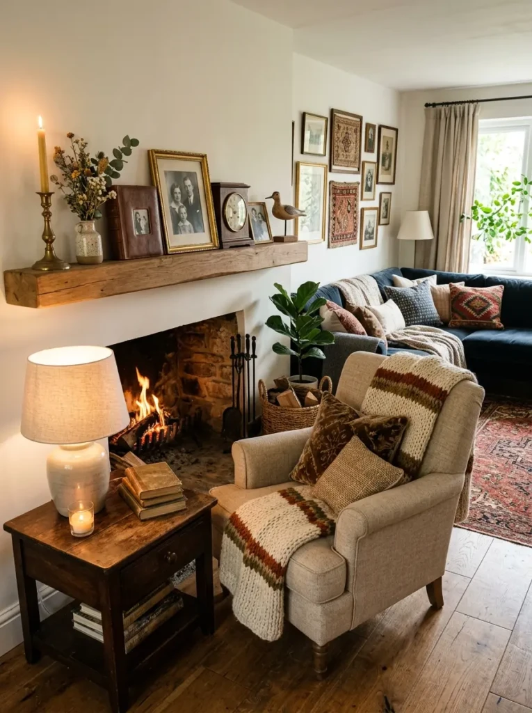 Charming cozy living room with heirloom decor pieces and layered textures.
