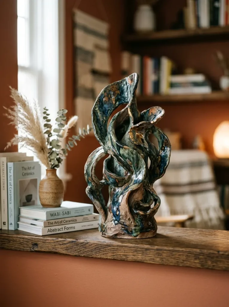 A close-up of a unique decorative item acting as a statement piece on a bathroom shelf