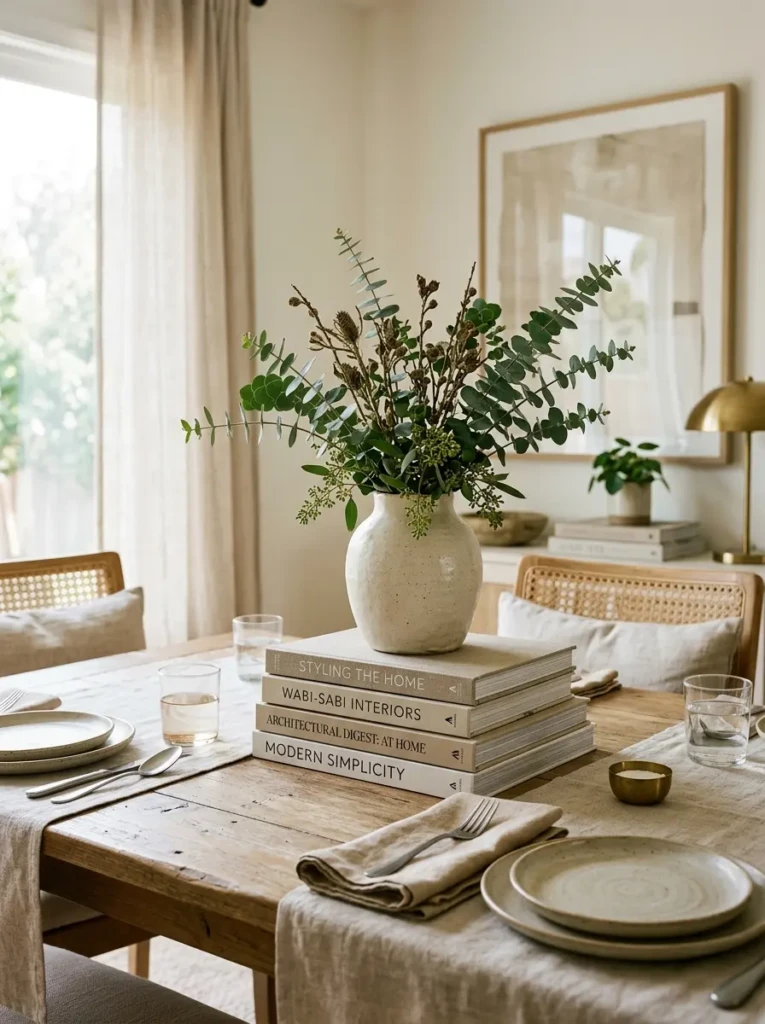 Neutral-toned books layered with ceramic vase and greenery centerpiece