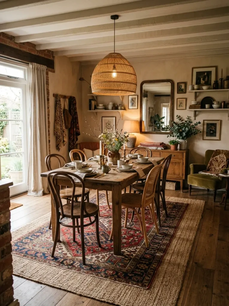 Dining room with layered rugs combining natural jute and vintage patterns for added texture.