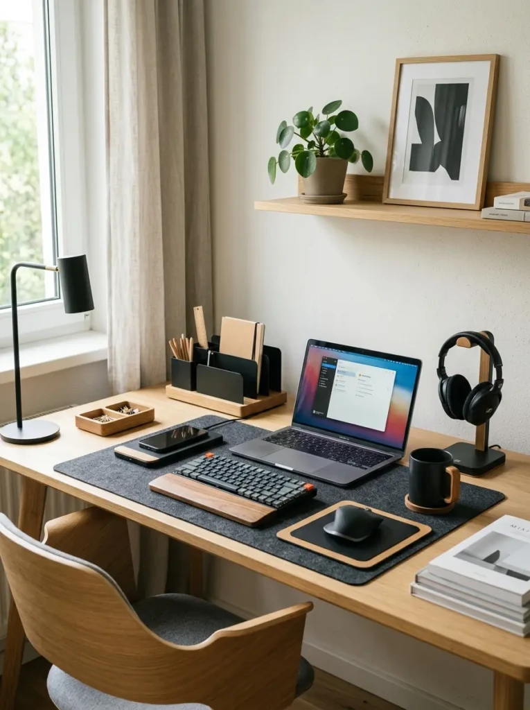 Elegant minimalist desktop styling with matte black accessories and Scandinavian-inspired organization.