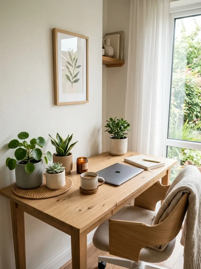 Elegant study desk corner with indoor plants, neutral ceramic planters, and airy minimalist decor.