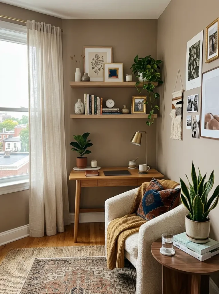 Compact apartment corner with mini desk, plants, layered textures, and cozy decor.