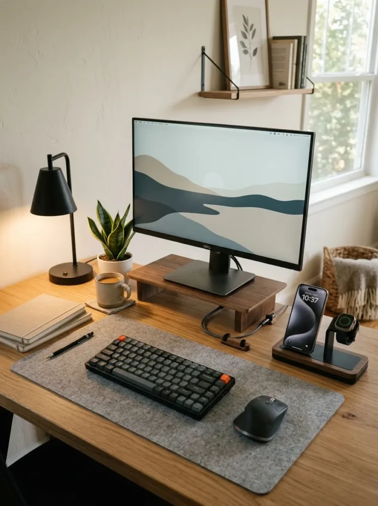 Scandinavian-inspired desk setup with charging dock, cable clips, and clutter-free accessories.