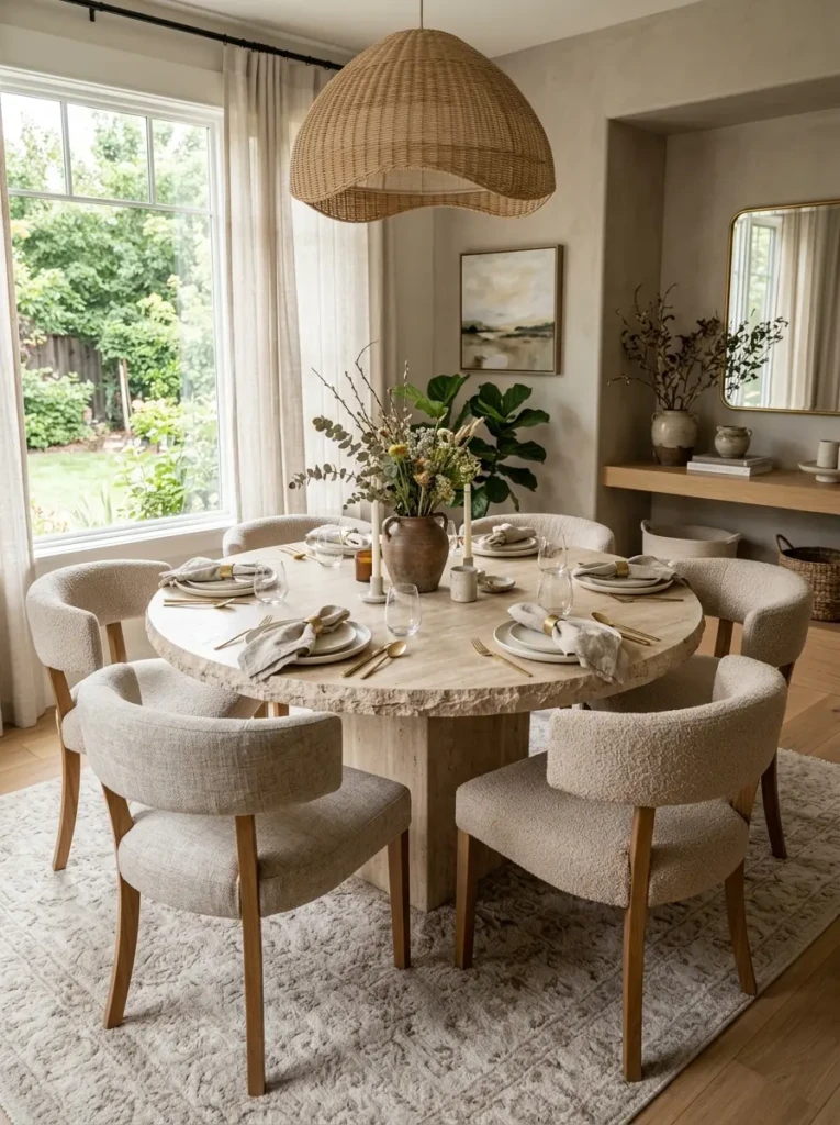 Stylish dining area with padded curved chairs, stone table, and layered cozy textures.