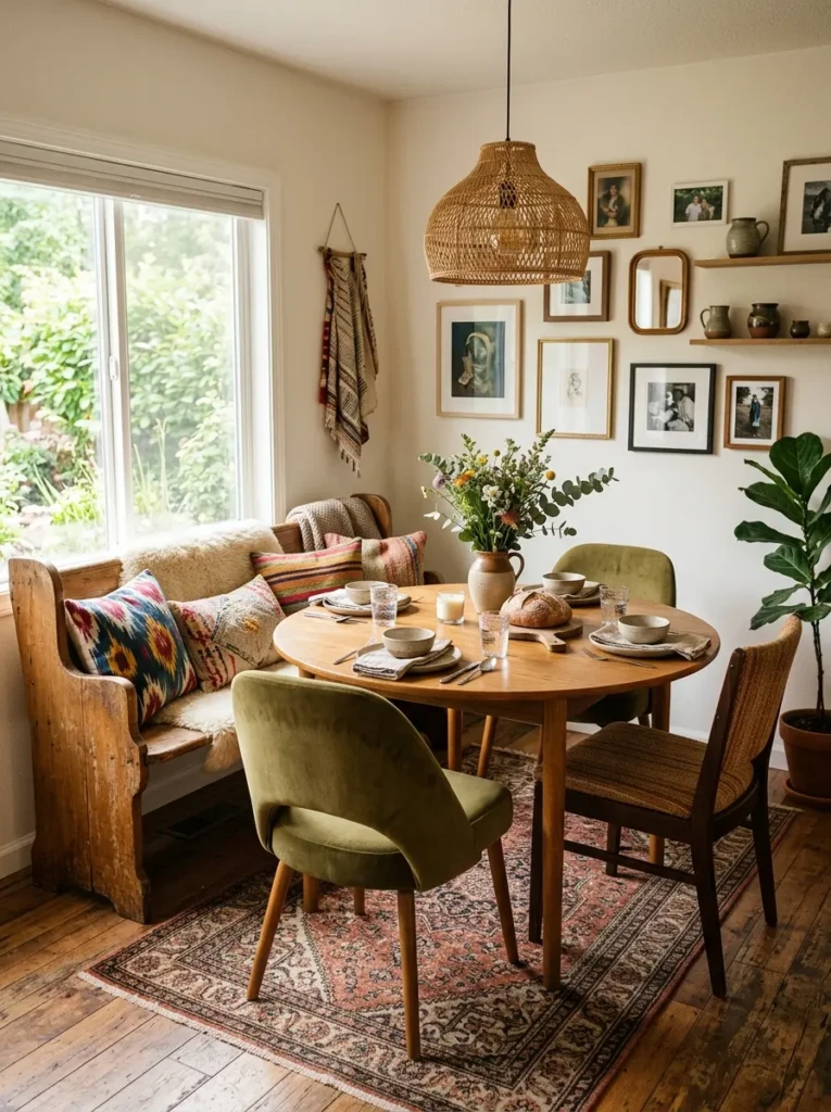 Cozy dining corner with mixed seating styles including upholstered chairs and a wooden bench.
