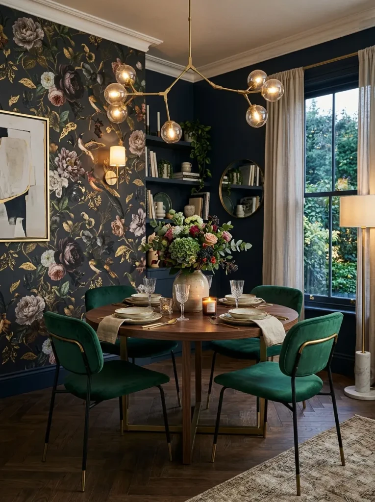 Stylish corner dining room featuring dramatic floral wallpaper and modern elegant furniture.