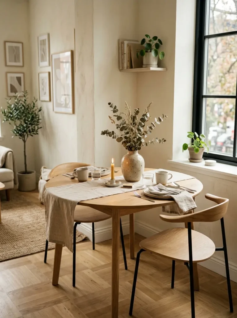 Minimalist dining area with linen runner, ceramic vase, slim chairs, and warm inviting atmosphere.