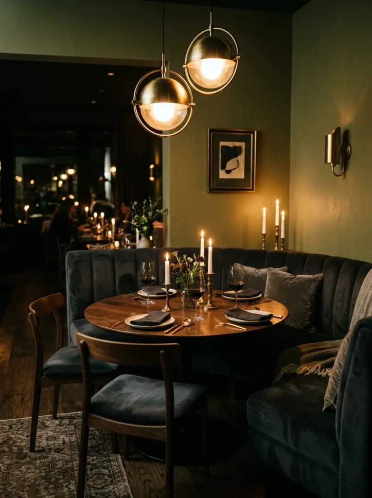Dark and elegant corner dining room with velvet seating, brass lighting, and cozy moody décor.