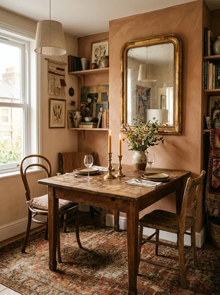 Cozy vintage dining corner with antique mirror, distressed wood table, and timeless décor accents.