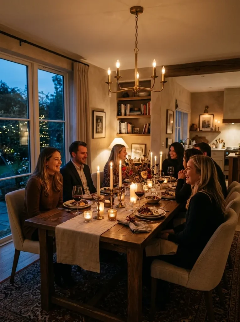 Warm dimmed dining room lighting creating intimate cozy dinner setting