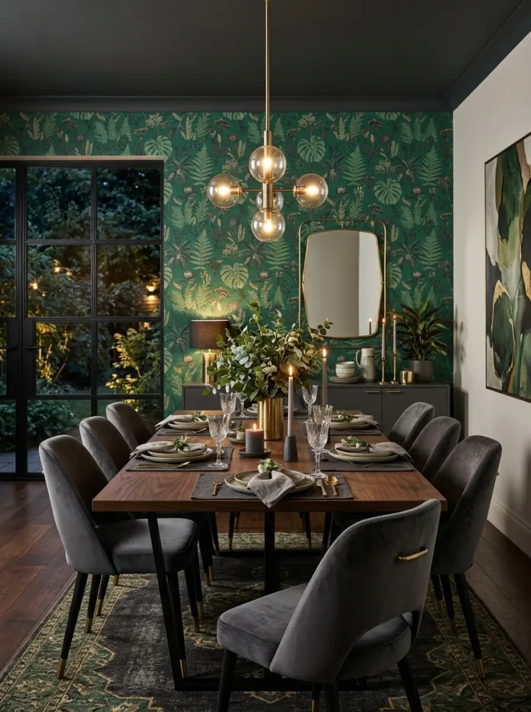 Dining room featuring emerald wallpaper, botanical patterns, and cozy elegant styling