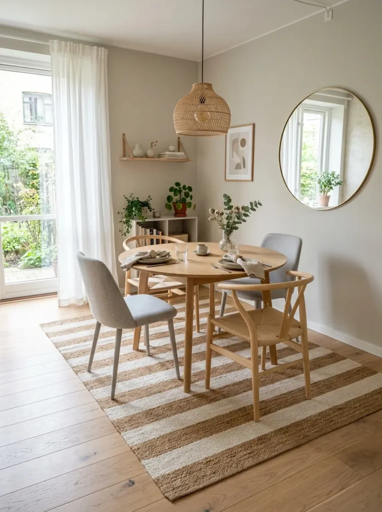 Small dining room visually expanded with a stylish striped area rug and airy neutral decor.