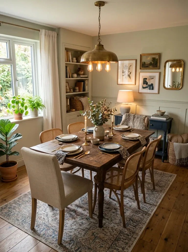 Beautiful dining room with layered textures, elegant wall decor, and cozy ambient lighting