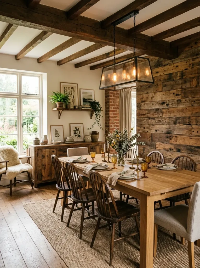 Cozy dining room featuring mixed wood textures, reclaimed accents, and warm modern rustic decor.