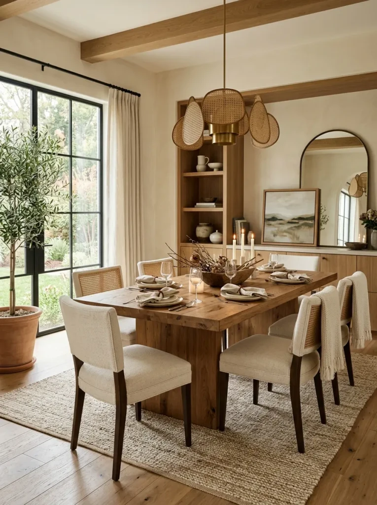 Warm wooden dining room with balanced wood finishes, cream textiles, and sophisticated decor.