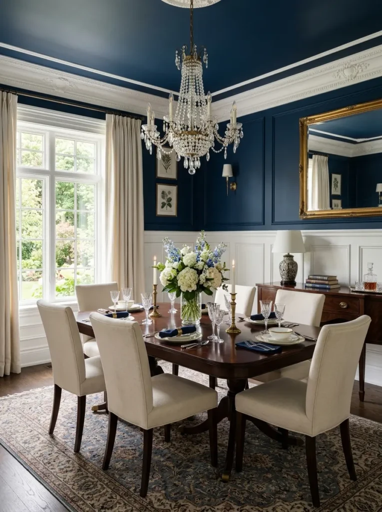 Dining room featuring white wall molding against deep navy walls and elegant decor