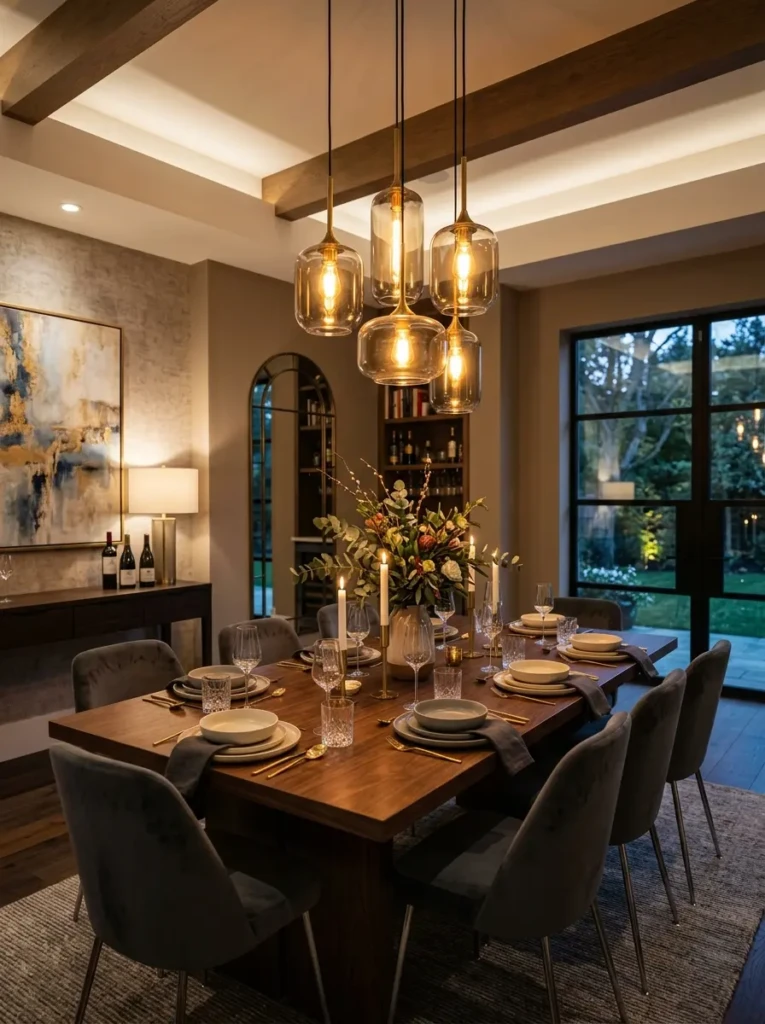 Cozy dining room featuring centered pendant lighting and sophisticated table styling.