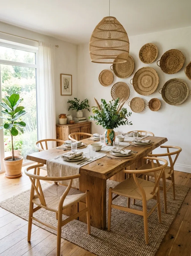 Dining room with seagrass basket wall arrangement, greenery, and neutral decor