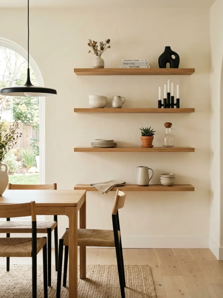 Minimal dining room shelves with natural wood textures and airy neutral decor