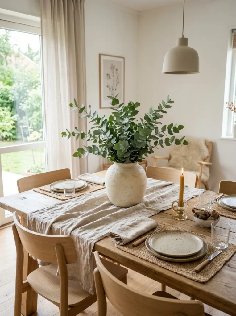Dining table styled with eucalyptus branches and soft earthy decorative accents