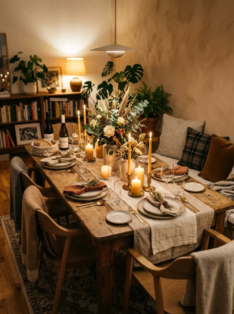 Cozy dining room table with candlelight, layered linens, and elegant centerpiece decor in a warm inviting space