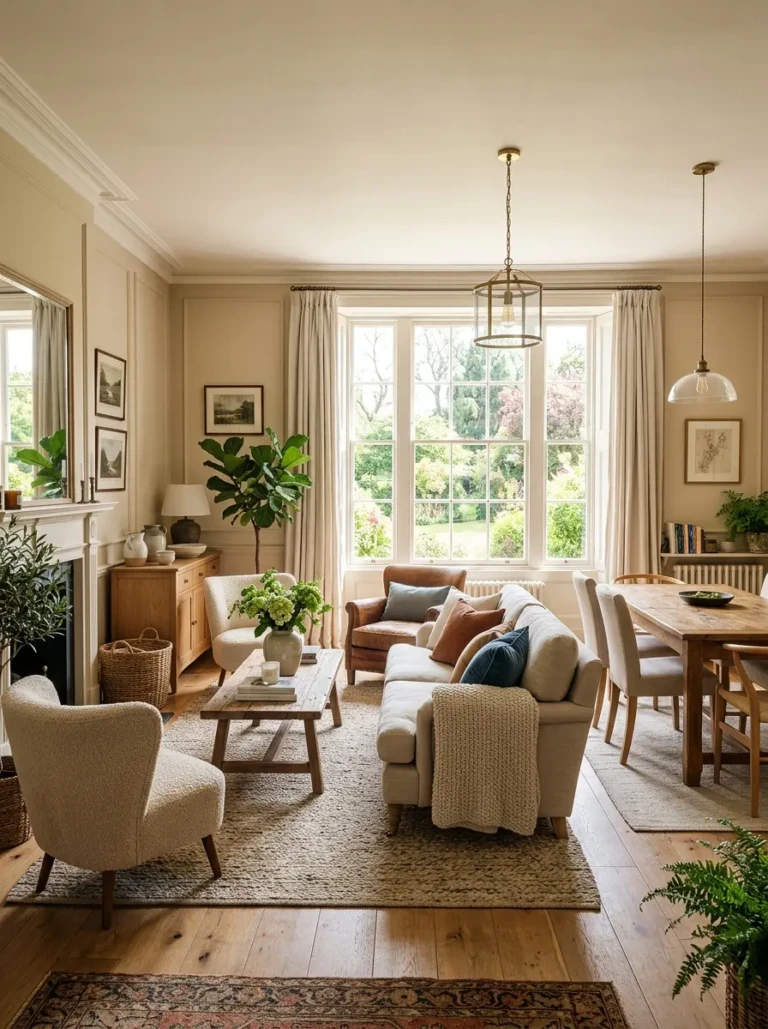 Warm and stylish dining room alternative transformed into a functional and welcoming living space.