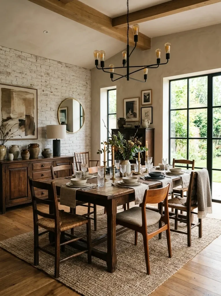 Dining room blending antique wood furniture with modern lighting and elegant decor accents.