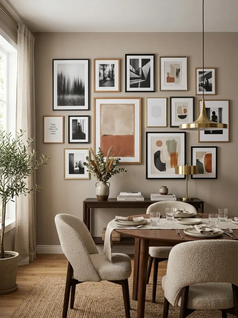 Modern dining room wall with mixed art frames, black-and-white photography, and elegant decor