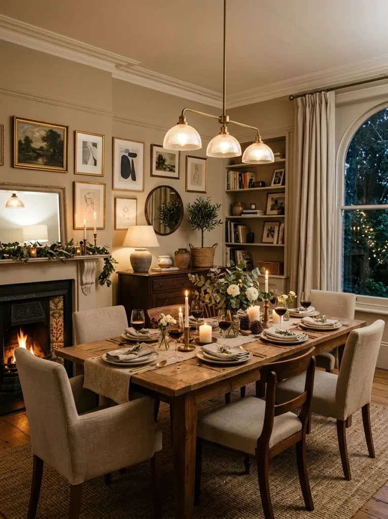 Welcoming dining room with glowing lighting, charming wall styling, and cozy modern decor