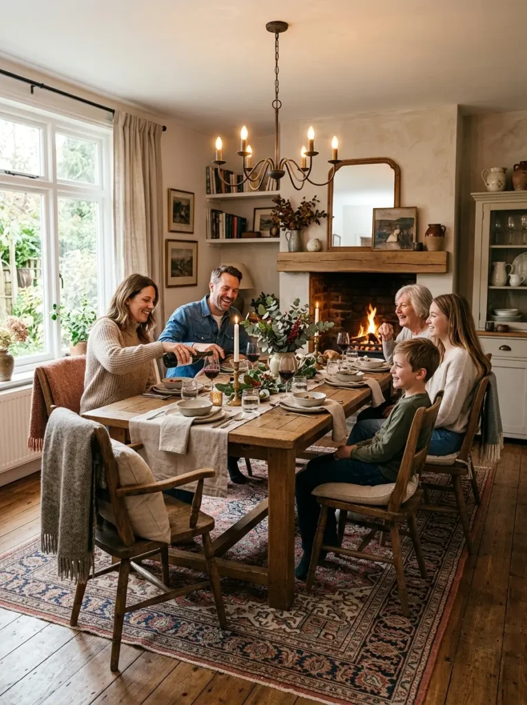 Cozy dining room showcasing a perfectly styled area rug with elegant layered textures.