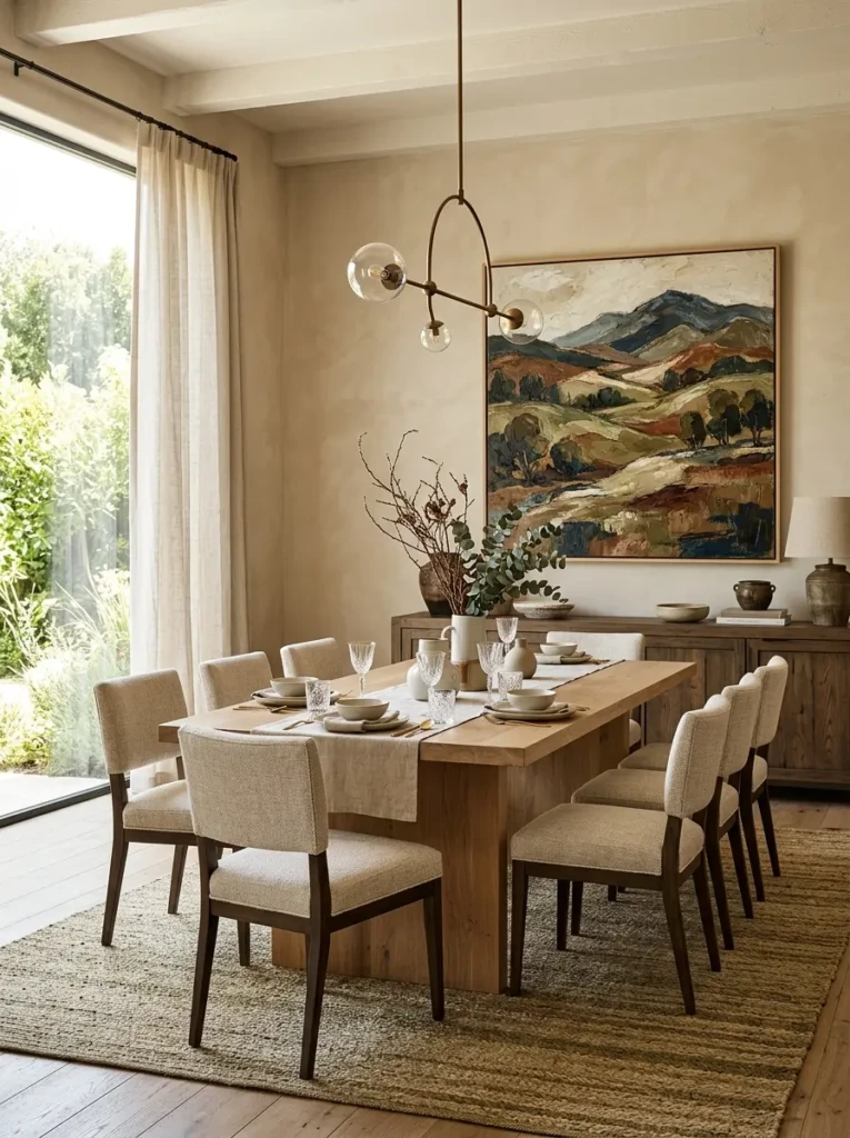 Dining room with oversized landscape artwork and warm neutral interior styling